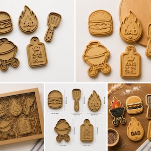 May include: A set of five tan plastic cookie cutters featuring a burger, a flame with the text DAD, a spatula, a grill, and a rectangular board with the text KING OF THE GRILL. Includes a box and examples of cookies with dimensions in millimeters.