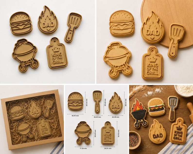 May include: A set of five tan plastic cookie cutters featuring a burger, a flame with the text DAD, a spatula, a grill, and a rectangular board with the text KING OF THE GRILL. Includes a box and examples of cookies with dimensions in millimeters.