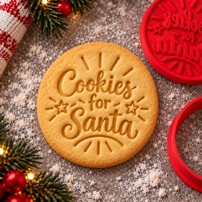 May include: A round, light-tan baked cookie featuring the embossed text Cookies for Santa, surrounded by star and sunburst patterns. Beside the cookie sits a red circular plastic stamp with the same design and a red circular cookie cutter.