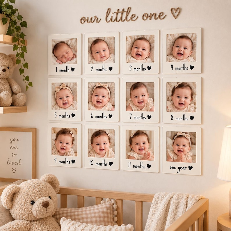 Twelve white photo frames on a wall, one for each month of the baby's first year