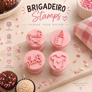 May include: Four pink circular plastic stamps for decorating brigadeiros, featuring embossed designs of a baby carriage, a baby bottle, the word baby in script, and a baby onesie. The text BRIGADEIRO Stamps CHOOSE YOUR DESIGN is visible.
