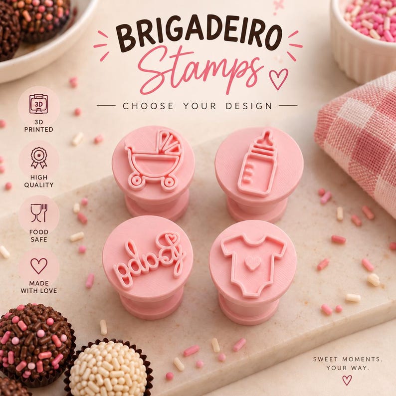 May include: Four pink circular plastic stamps for decorating brigadeiros, featuring embossed designs of a baby carriage, a baby bottle, the word baby in script, and a baby onesie. The text BRIGADEIRO Stamps CHOOSE YOUR DESIGN is visible.