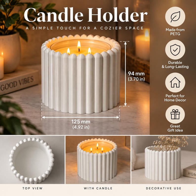May include: A white cylindrical candle holder with a vertical ribbed texture. The holder measures 4.92 inches in diameter and 3.70 inches in height. It is shown from multiple angles, including empty, holding a three-wick candle, and as a decorative vase.