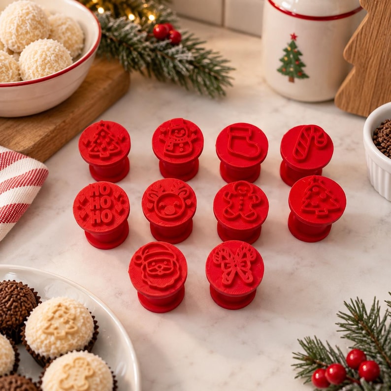 May include: A set of ten red circular cookie stamps featuring various holiday designs including a Christmas tree, snowman, stocking, candy cane, gingerbread person, Santa Claus, and the text HO HO HO, arranged on a white surface.