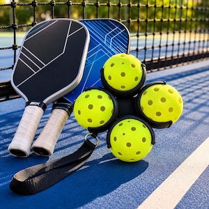 Puede incluir: Dos palas de pickleball con empu&ntilde;aduras blancas y patrones geom&eacute;tricos en negro y azul, acompa&ntilde;adas de un soporte de pl&aacute;stico negro con cuatro pelotas de pickleball amarillas perforadas y una correa de tela negra con anilla met&aacute;lica.
