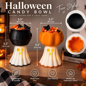 May include: Two Halloween candy bowls, one black and one orange, each shaped like a cauldron resting on a white ghost base. The bowls measure 8.9 cm in diameter and 13.2 cm in height. The text reads Halloween Candy Bowl, Two Styles, and Top View.