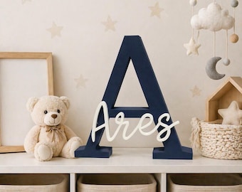 Custom Name Sign with Initial Letter, Freestanding Nursery Decor, 3D Printed Baby Name Art for Shelf, Dresser or Desk, New Baby Gift