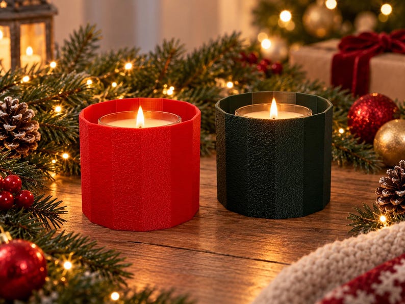 Puede incluir: Dos velas cil&iacute;ndricas en soportes facetados, una de color rojo brillante y otra de color verde oscuro, cada una con una vela encendida y una llama visible. Los soportes tienen un acabado mate texturizado y un dise&ntilde;o acanalado vertical.