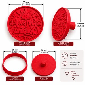 May include: A red circular cookie stamp and cutter set featuring a Merry Christmas design with a tree and snowflakes. The stamp has a handle and a diameter of 2.36 inches. The set includes a separate circular cutter and a stamp with a back handle.