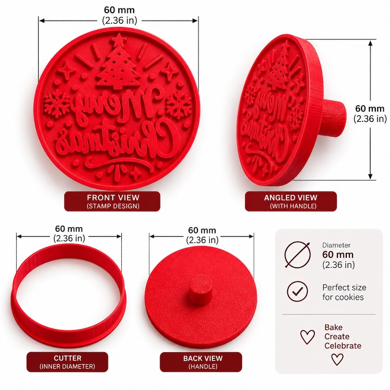May include: A red circular cookie stamp and cutter set featuring a Merry Christmas design with a tree and snowflakes. The stamp has a handle and a diameter of 2.36 inches. The set includes a separate circular cutter and a stamp with a back handle.