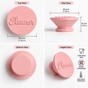 May include: A pink circular stamp featuring the name Eleanor in raised script lettering. The stamp measures 2.36 inches in diameter and 0.98 inches in height. It includes icons indicating hand wash only, do not dishwasher, and keep away from heat.