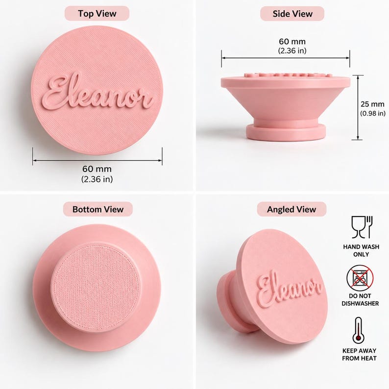 May include: A pink circular stamp featuring the name Eleanor in raised script lettering. The stamp measures 2.36 inches in diameter and 0.98 inches in height. It includes icons indicating hand wash only, do not dishwasher, and keep away from heat.