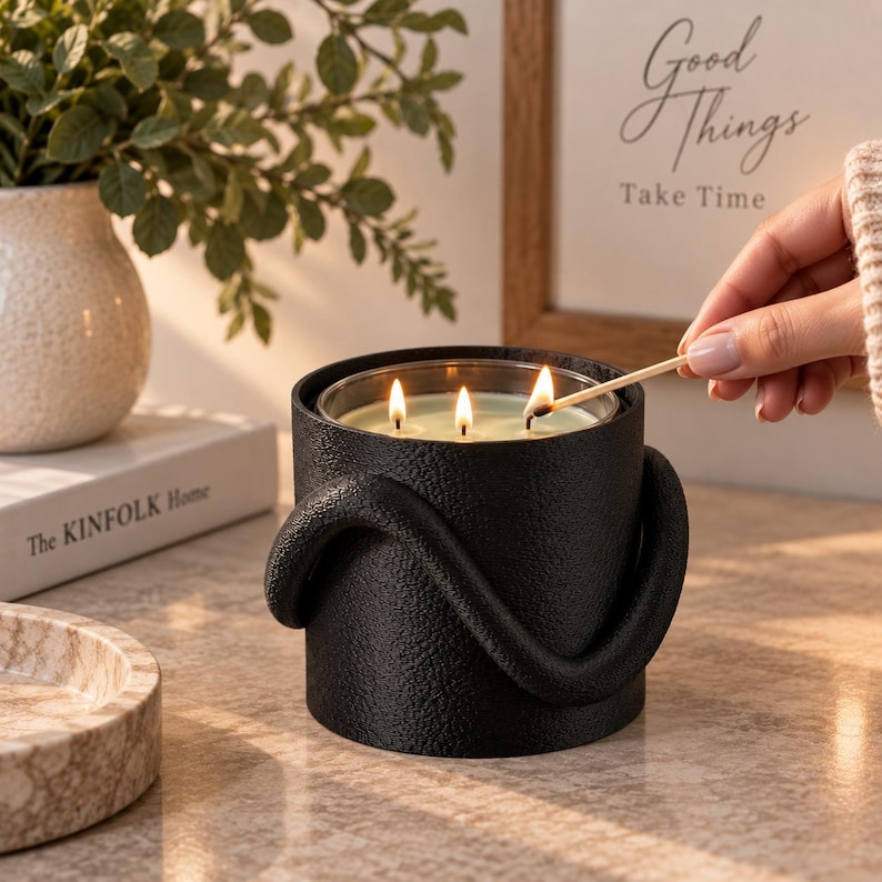 Puede incluir: Un portavelas cil&iacute;ndrico negro con una superficie texturizada y un acento curvo similar a un asa. El portavelas contiene una vela de tres mechas con cera de color claro, que est&aacute; siendo encendida con una cerilla de madera.