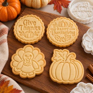 May include: Four round and shaped cookies with embossed designs including a pumpkin, a turkey, and text reading Give Thanks and Happy Thanksgiving. The cookies are light tan and feature scalloped edges, displayed alongside white plastic cookie cutters.