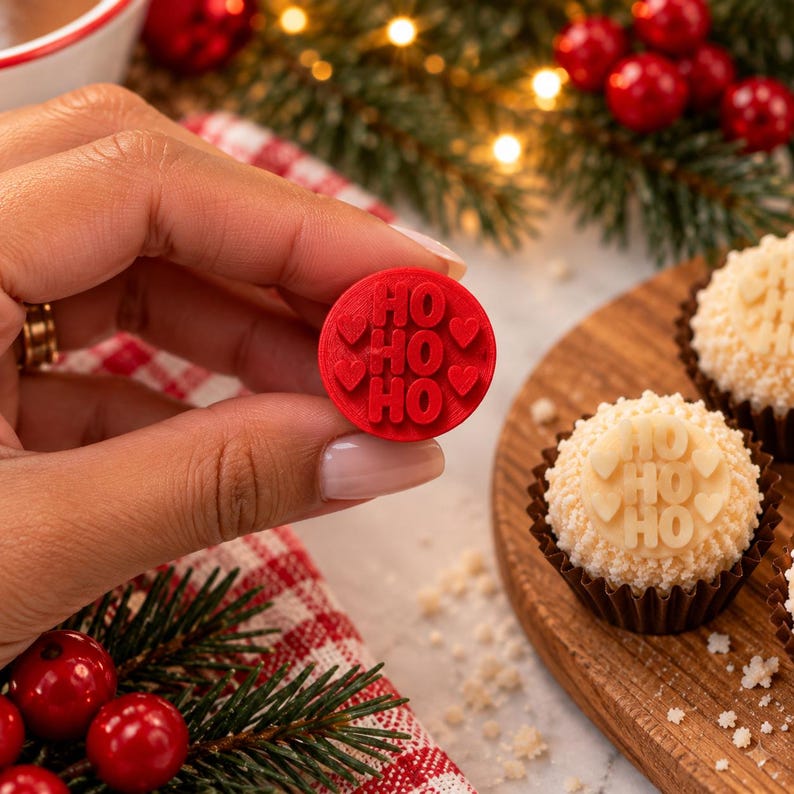 May include: A small, circular red plastic stamp featuring the embossed text HO HO HO arranged in three rows, flanked by two small heart shapes on each side. The stamp is designed for imprinting patterns onto food items like small round treats.