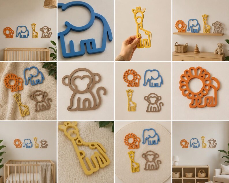 May include: Wooden animal wall art set featuring a lion, elephant, giraffe, and monkey in various colors. The lion is orange, the elephant is blue, the giraffe is yellow, and the monkey is brown. These decorative pieces are suitable for a nursery or children's room.