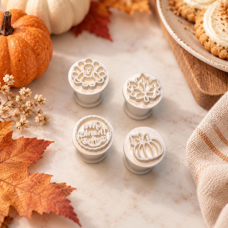 May include: Four white plastic cookie stamps featuring seasonal designs including a turkey, a maple leaf, a pumpkin, and the text "Give Thanks" with a small pumpkin icon. Each stamp has a cylindrical handle for pressing into dough.