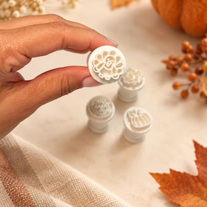 May include: A set of four white plastic plunger-style cookie stamps featuring embossed designs of a turkey, a pumpkin, a maple leaf, and the text Give Thanks. Each stamp has a cylindrical handle and a flat base for pressing dough.
