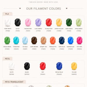 May include: A color chart displaying a variety of filament colors for 3D printing. The chart includes colors like Ivory White, Black, Sakura Pink, and Lemon Yellow. The text "clair DESIGN" is at the top.