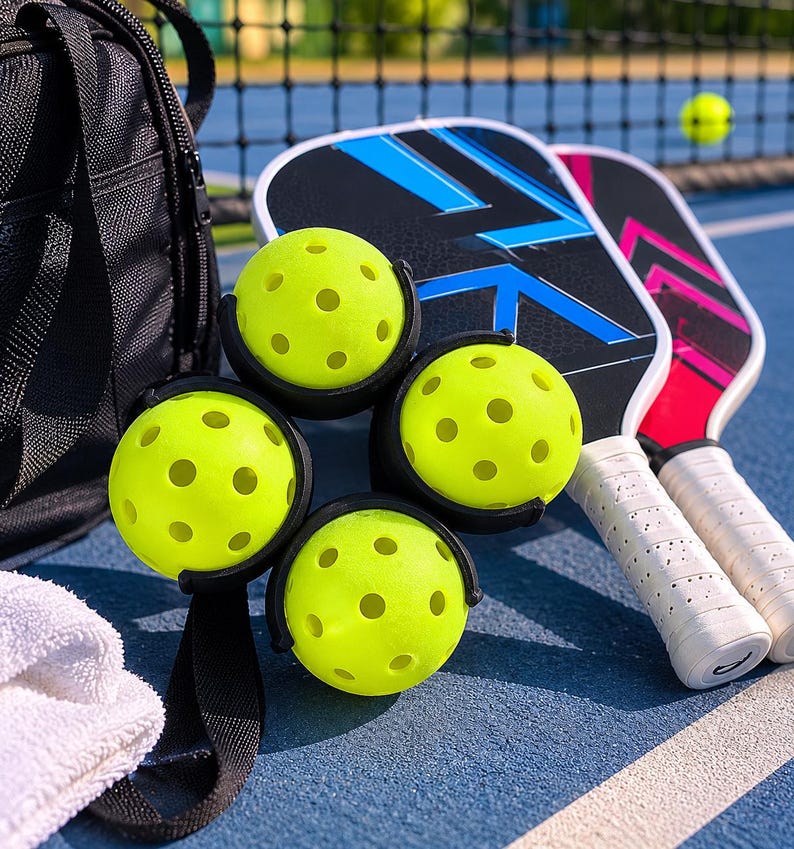 Puede incluir: Cuatro pelotas de pickleball amarillas perforadas sujetas con clips negros, dos palas de pickleball con patrones geom&eacute;tricos azules y rosas, una bolsa de equipo negra y una toalla blanca sobre una pista azul con una red al fondo.