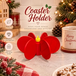 May include: A bright red coaster holder with a central yellow ring pull, featuring a multi-slotted design for storing circular coasters. The text Coaster Holder, Keep Your Space Organized And Stylish, Made Of PLA, Durable & Lightweight is visible.