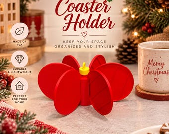 Puede incluir: Un soporte para posavasos de color rojo brillante con un anillo de tracción amarillo central, que presenta un diseño de múltiples ranuras para almacenar posavasos circulares. El texto Coaster Holder, Keep Your Space Organized And Stylish es visible.