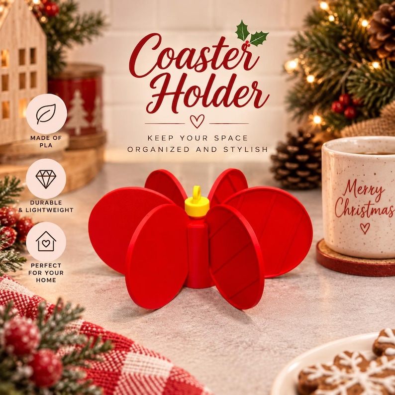 Christmas coaster set stacked around its holder on a holiday table