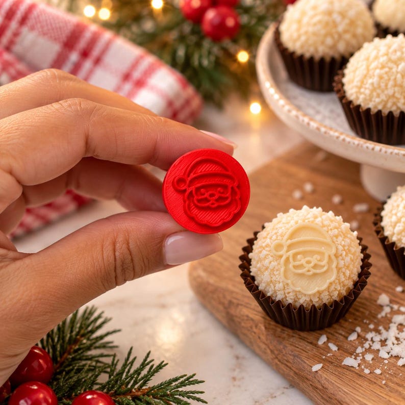 May include: A small, circular red plastic stamp featuring an embossed Santa Claus face design. The stamp is held up to show the detail of the Santa icon, which matches the imprint visible on the white, textured round confection sitting nearby.