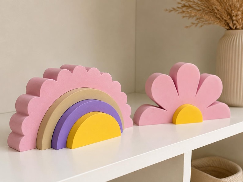 K&ouml;nnte beinhalten: Ein rosa Holz-Regenbogen-Stapelspielzeug mit gewelltem Rand, mit Schichten aus Beige, Lila und Gelb. Daneben ein rosa bl&uuml;tenf&ouml;rmiges Spielzeug mit gelber Mitte. Diese Spielzeuge sind f&uuml;r Kinder.