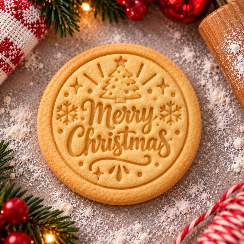 May include: A round, light-tan cookie featuring an embossed design of a Christmas tree, snowflakes, and the text Merry Christmas in a cursive script. The cookie is centered with decorative star and dot accents surrounding the central text.
