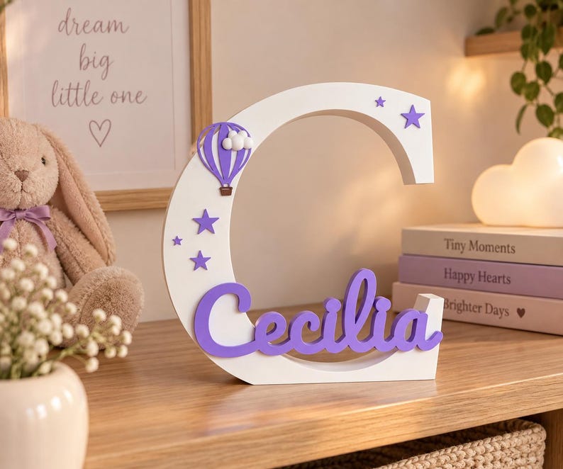 Personalized nursery name sign with a large initial in custom colors