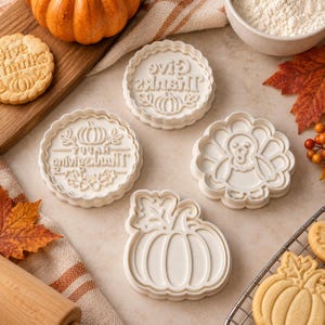 May include: Four white plastic cookie cutters with Thanksgiving themes including a turkey, a pumpkin, and two round designs with the text Give Thanks and Happy Thanksgiving, alongside baked cookies and autumn-themed decorations.