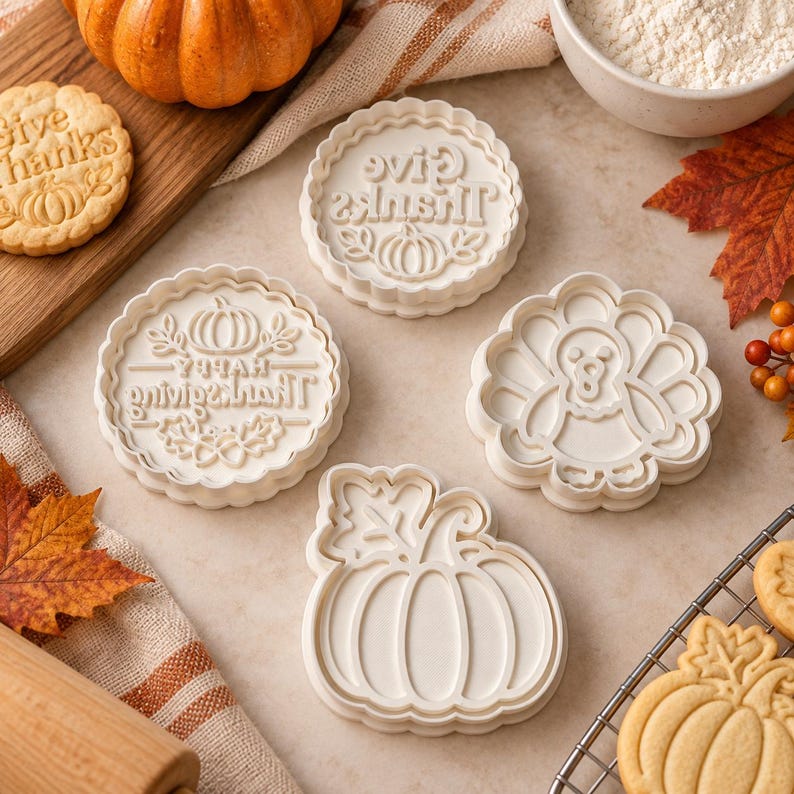 May include: Four white plastic cookie cutters with Thanksgiving themes including a turkey, a pumpkin, and two round designs with the text Give Thanks and Happy Thanksgiving, alongside baked cookies and autumn-themed decorations.
