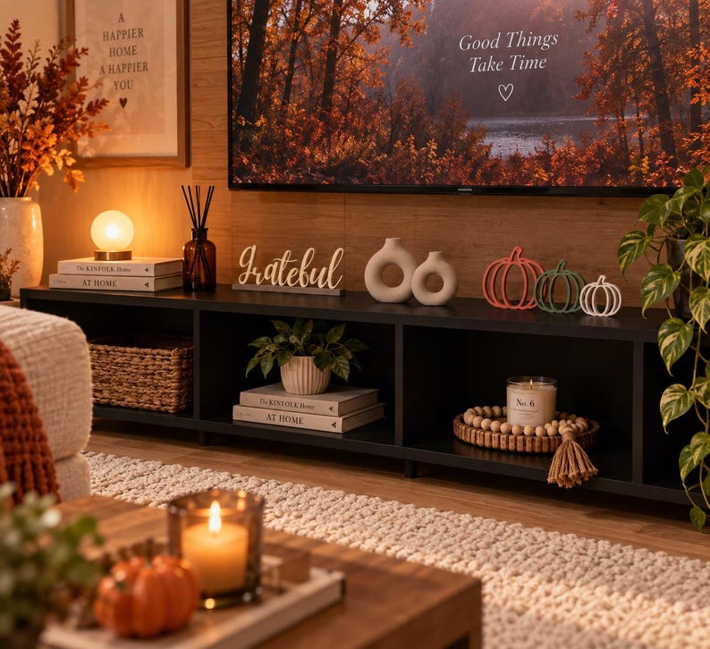 May include: A black media console featuring a white Grateful sign, two beige ceramic donut vases, and three wire pumpkin silhouettes in orange, green, and white. The shelf holds books, a candle on a wooden bead tray, and a woven basket.