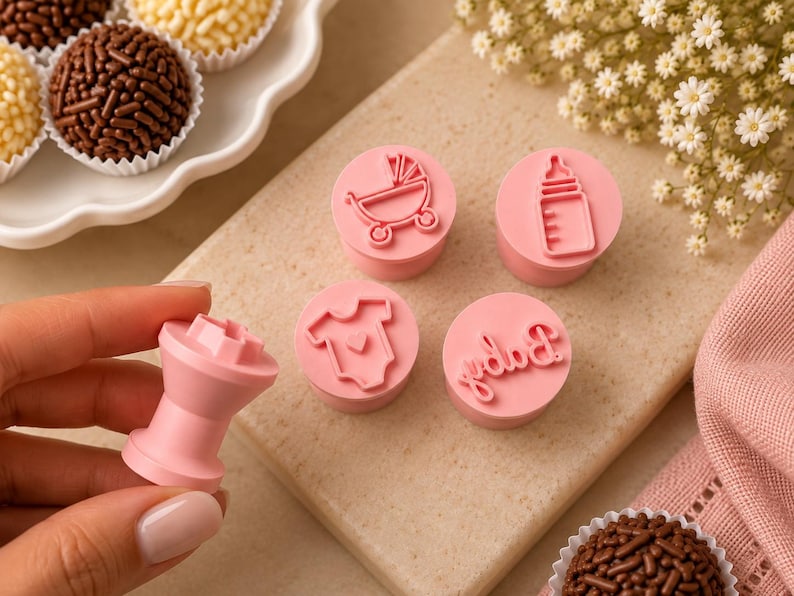 May include: A set of five light pink cylindrical stamps for decorating food. Four stamps feature embossed designs including a baby carriage, a baby bottle, a onesie with a heart, and the word Baby in cursive script. One stamp is held upright.