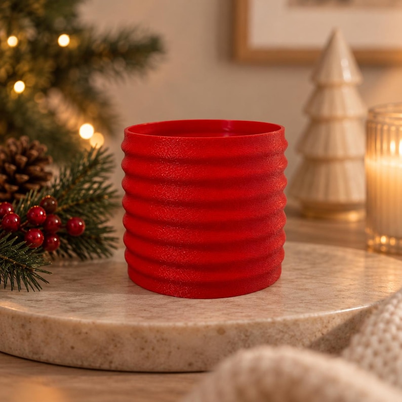 Red ribbed-ring 3-wick candle holder made of stacked rings