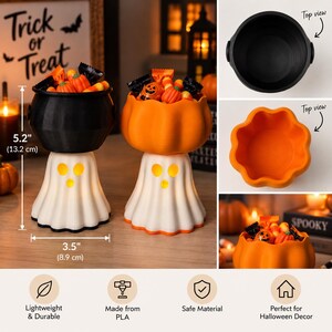 May include: Two Halloween candy bowls, one black and one orange, each shaped like a pumpkin or cauldron and resting on a white ghost-shaped base. The bowls measure 13.2 cm in height and 8.9 cm in width, filled with assorted sweets.