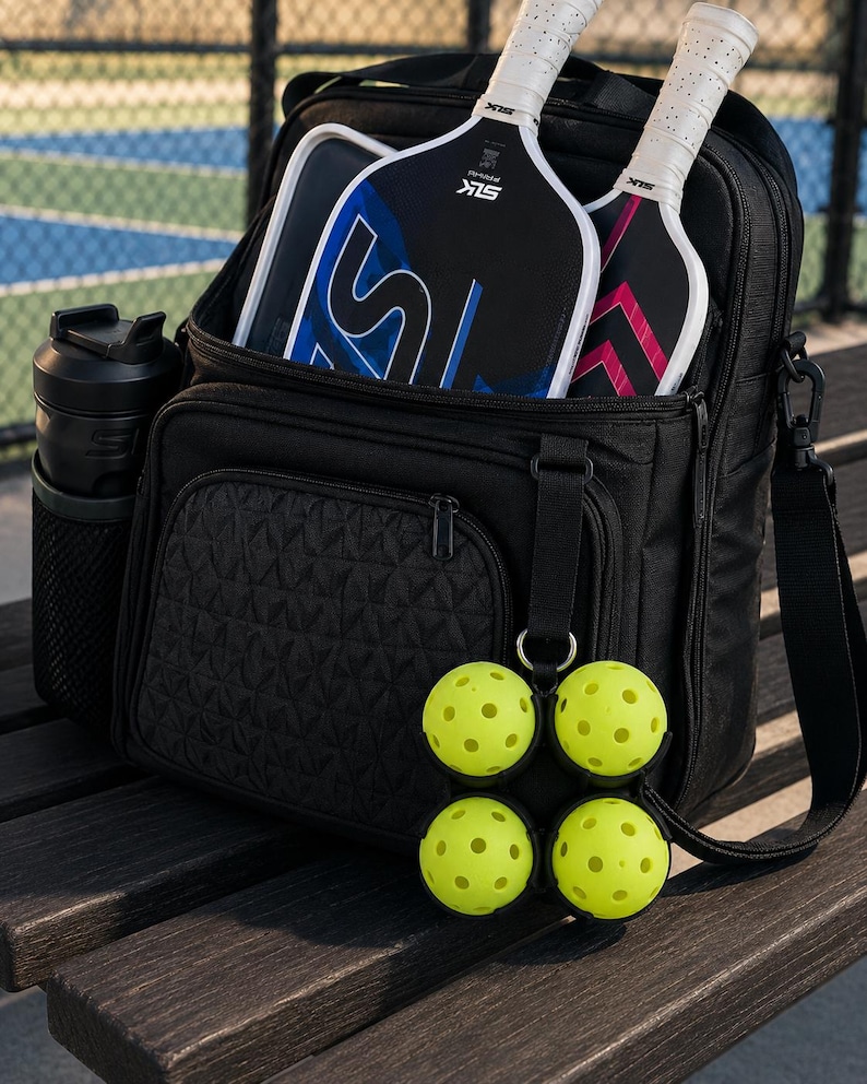 Puede incluir: Una mochila de pickleball negra con un bolsillo frontal texturizado, un portabotellas de malla lateral y dos palas SLK guardadas dentro. Un clip negro sujeta cuatro pelotas de pickleball amarillas perforadas en el exterior.