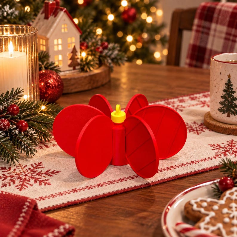 May include: A bright red, circular, multi-panel folding trivet featuring a central yellow silicone loop for hanging. The object consists of several connected, flat, round discs that expand outward from a central cylindrical core to form a star shape.