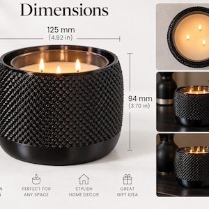 May include: A black, three-wick candle in a textured, studded container. The candle measures 4.92 inches in diameter and 3.70 inches in height. The wax is white and lit with three flames. The container has a smooth base and a textured upper section.