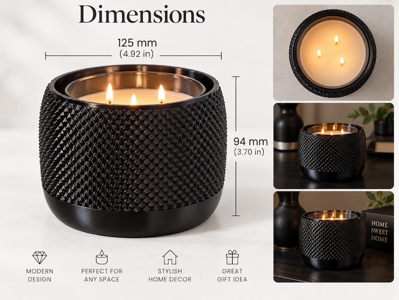 May include: A black, three-wick candle in a textured, studded container. The candle measures 4.92 inches in diameter and 3.70 inches in height. The wax is white and lit with three flames. The container has a smooth base and a textured upper section.