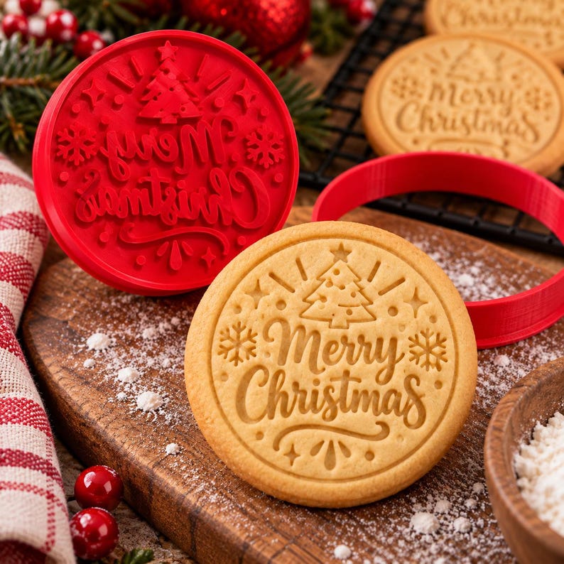 May include: A round red plastic cookie stamp featuring a debossed Christmas tree, snowflakes, and the text Merry Christmas. Beside it, a round baked cookie displays the same embossed design, showing a tree, snowflakes, and the text Merry Christmas.