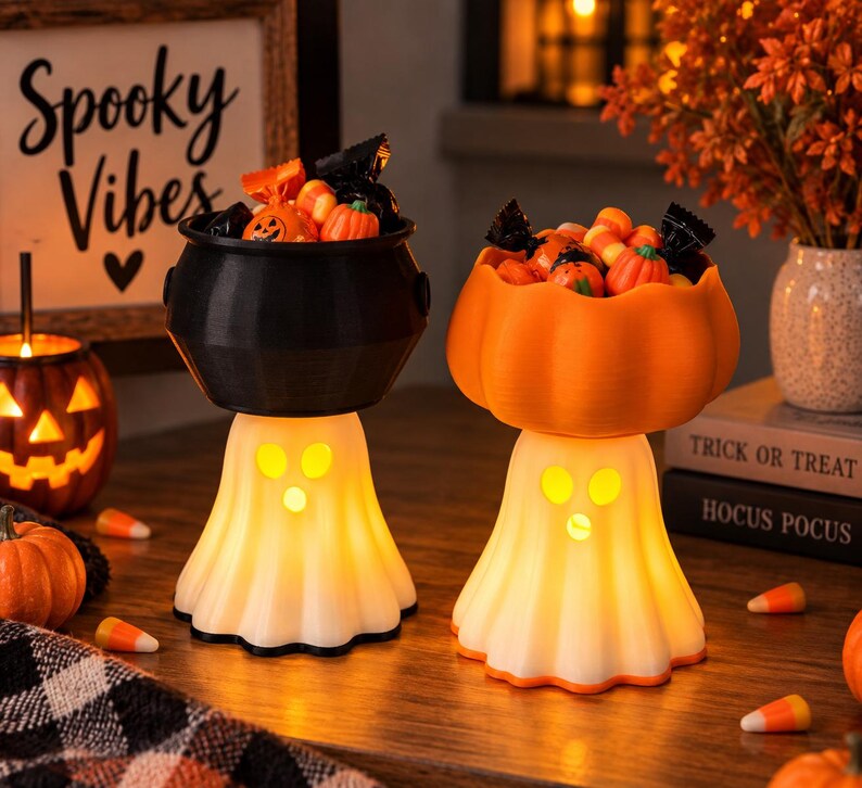 May include: Two illuminated ghost-shaped stands holding candy bowls. One stand supports a black cauldron-shaped bowl, and the other supports an orange pumpkin-shaped bowl. Both ghost bases are white with cut-out eyes and mouths, glowing from within.