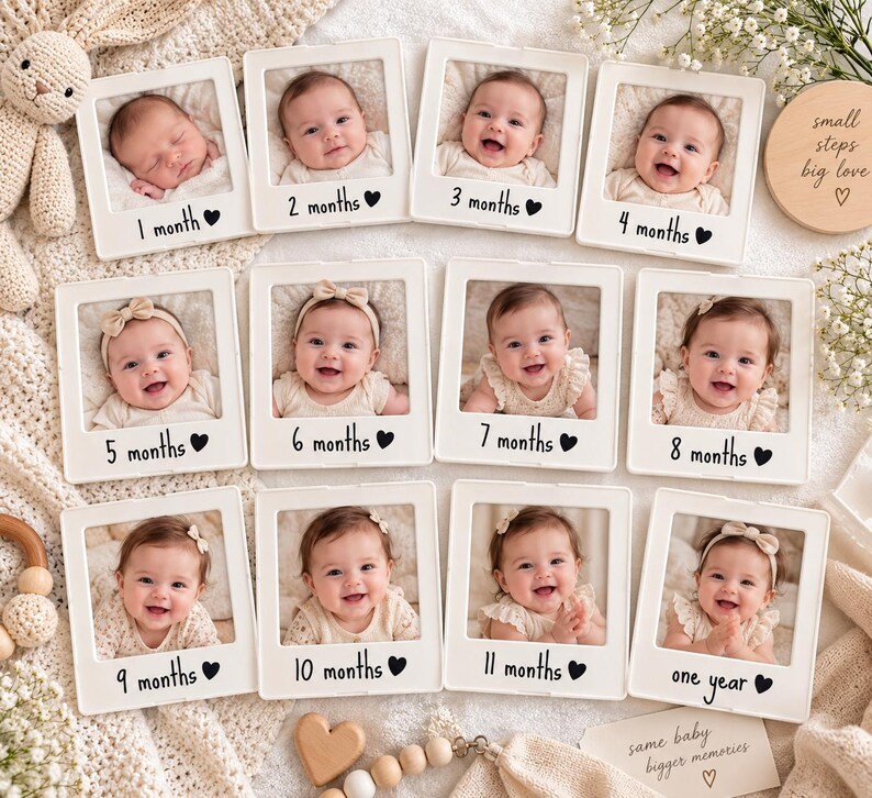May include: A set of twelve white square photo frames arranged in a grid, each containing a photograph of a baby at different ages from 1 month to one year. Each frame is labeled with the corresponding age and a black heart icon printed below.