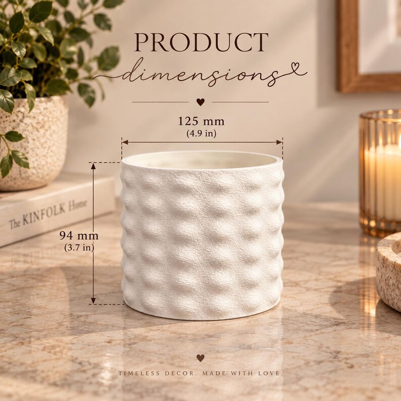 May include: A white cylindrical planter with a textured, dimpled surface. Text on the image indicates product dimensions of 4.9 inches in diameter and 3.7 inches in height. The planter is shown with the text PRODUCT dimensions and TIMELESS DECOR.
