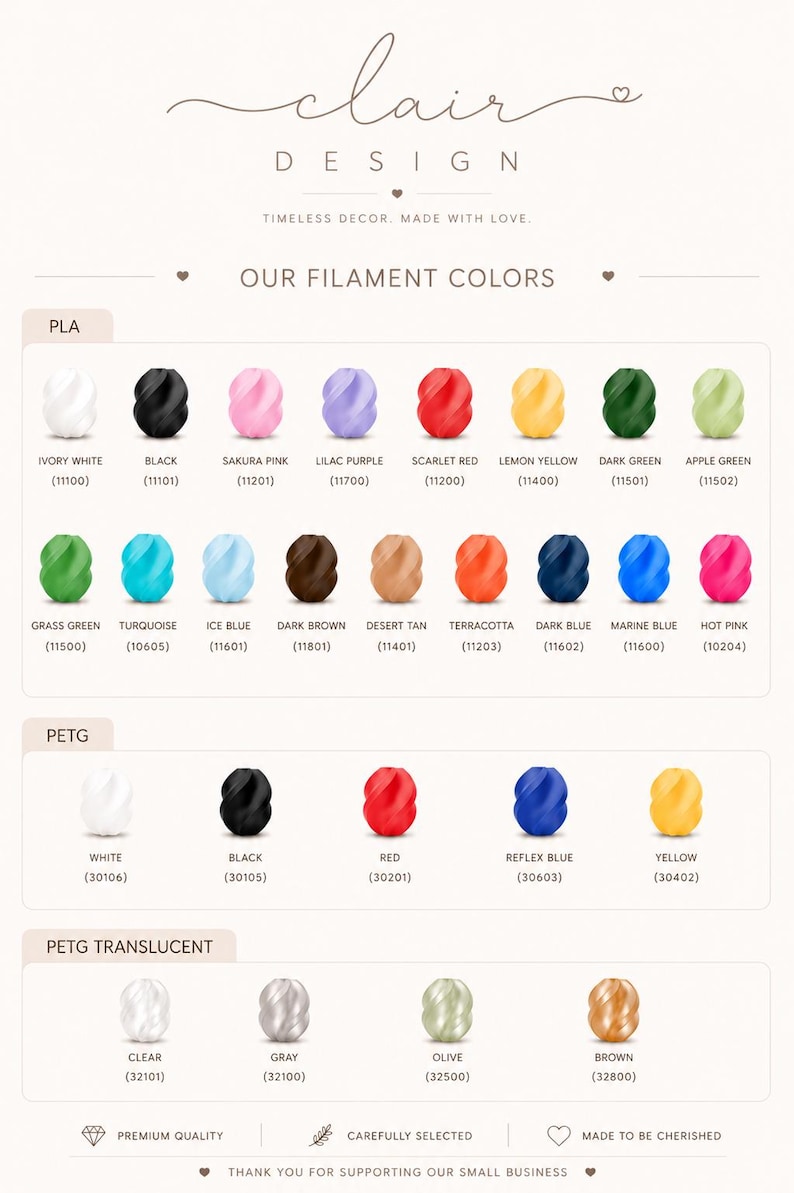 May include: A color chart displaying a variety of filament colors for 3D printing. The chart includes colors like Ivory White, Black, Sakura Pink, and Lemon Yellow. The text "clair DESIGN" is at the top.