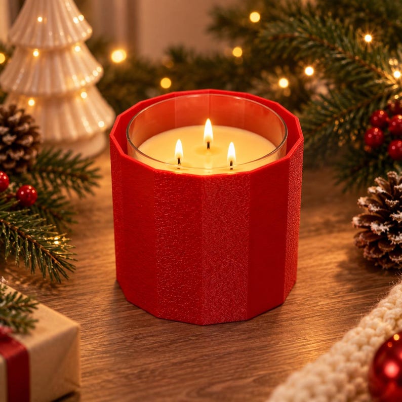 Red faceted candle holder with a lit 3-wick candle among pine branches and pinecones