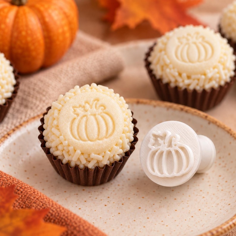 May include: A round white confection covered in small sprinkles, featuring a stamped pumpkin design on top, sitting in a brown paper liner next to a matching white circular stamp tool with an identical pumpkin motif embossed on its face.