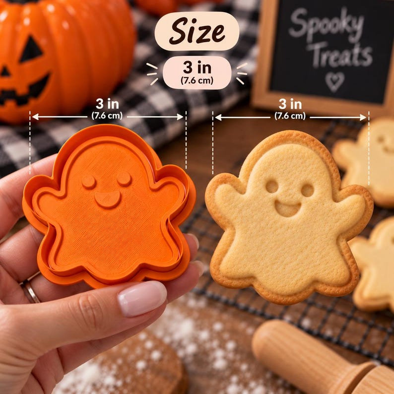 May include: An orange ghost-shaped cookie cutter measuring 3 inches in width, shown alongside a baked ghost-shaped cookie. The cutter features a detailed impression design for the eyes and mouth, matching the baked cookie's appearance.