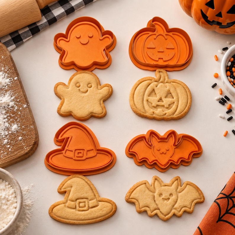 May include: A set of orange plastic cookie cutters and matching baked sugar cookies in the shapes of a ghost, a jack-o'-lantern, a witch hat, and a bat. The cutters and cookies are arranged in pairs on a light surface with flour and sprinkles.